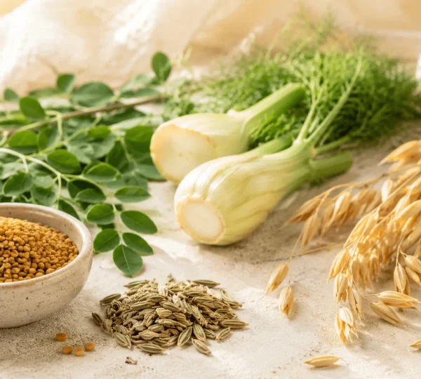 Suplimente naturale pentru mămici care alăptează: ce ajută și ce să eviți 2 Colaj cu plante galactagoge naturale: schinduf, fenicul, moringa și ovăz