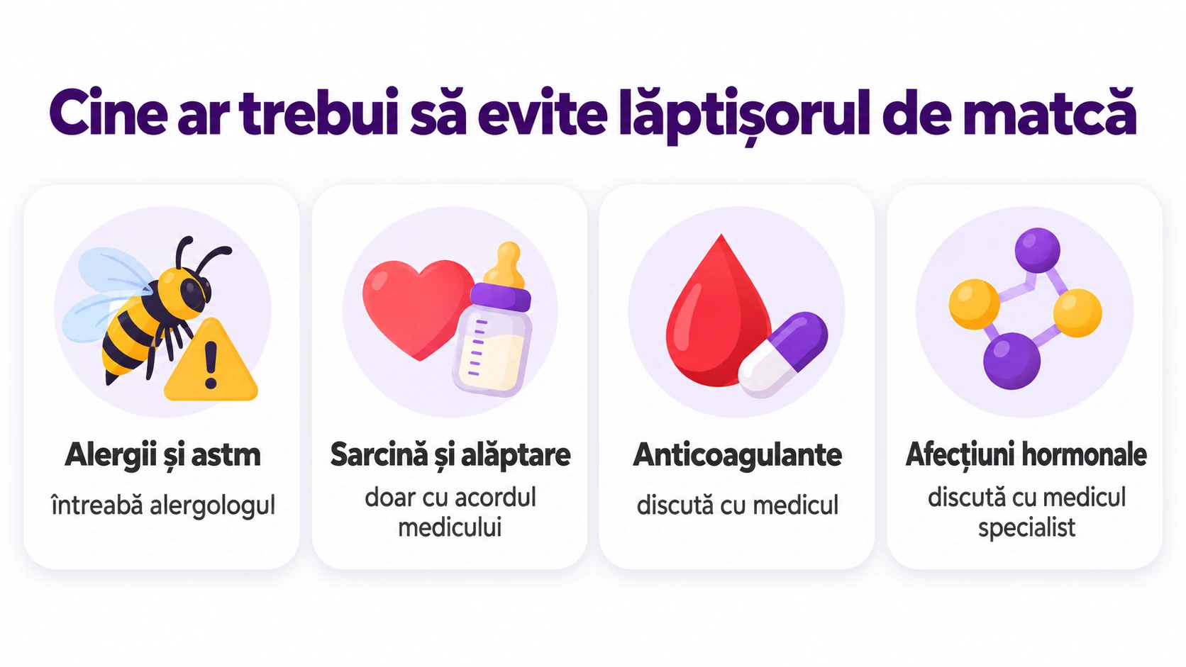 Lăptișor de matcă: e interzis femeilor? Contraindicații reale și ce spun studiile 1 Lăptișor de matcă interzis femeilor? Infografic cu contraindicațiile reale: alergii și astm, sarcină și alăptare, anticoagulante, afecțiuni hormonale