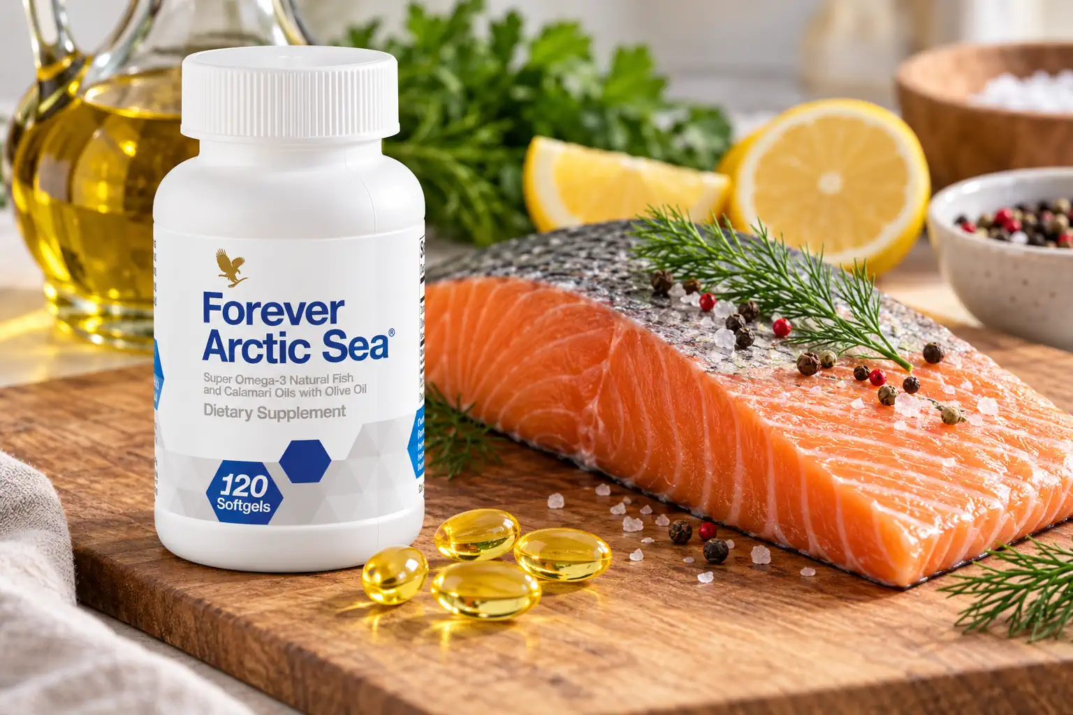 Trigliceride mari și colesterol mărit: ce arată analizele și ce poți schimba 4 Forever Arctic Sea, capsule moi cu omega-3 EPA și DHA, lângă un file de somon