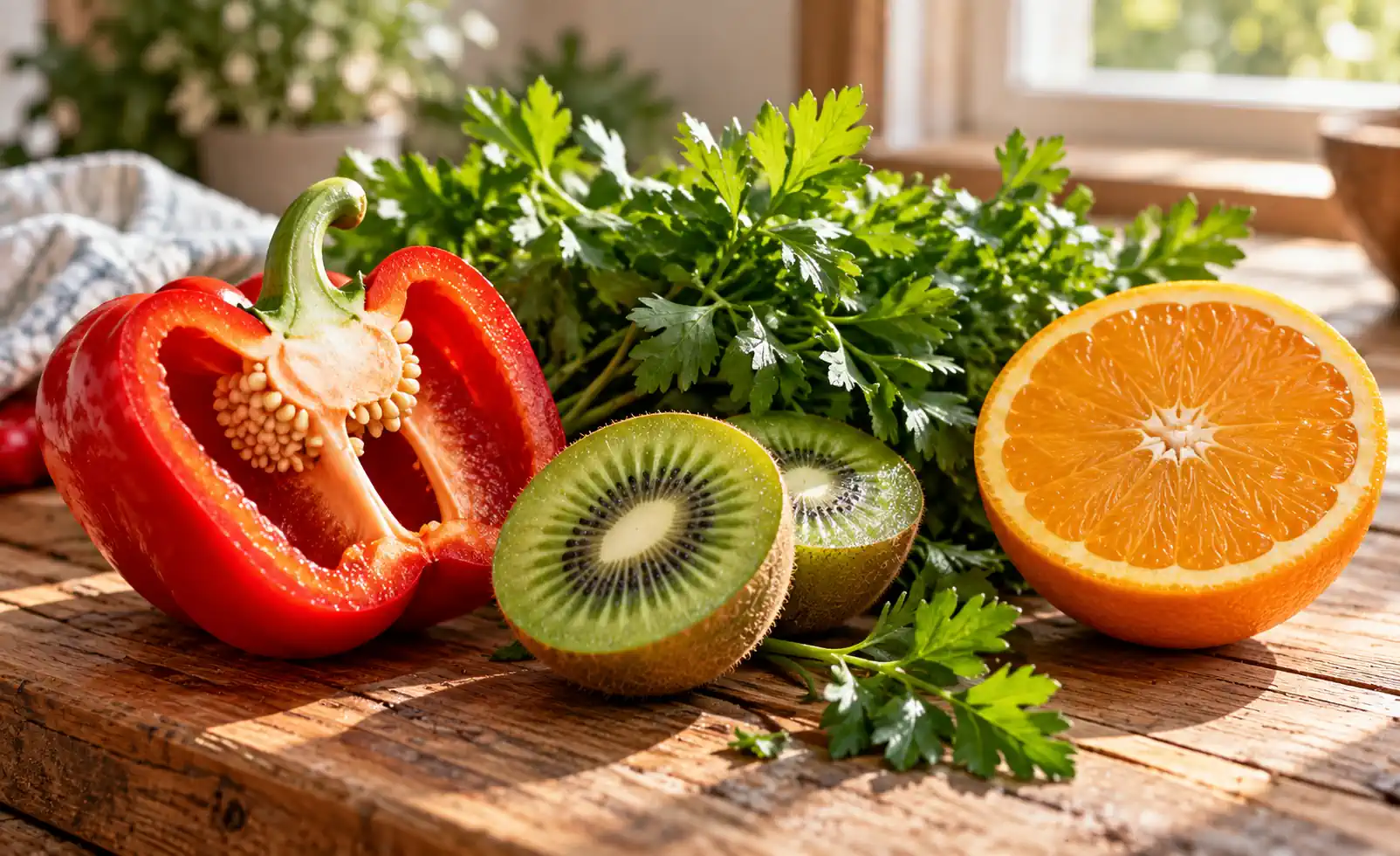 Surse naturale de vitamina C Surse naturale de vitamina C: ardei gras roșu, kiwi, pătrunjel și portocală