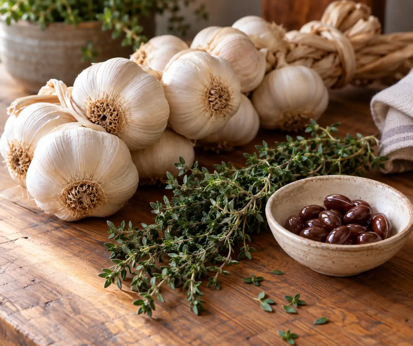 Usturoi și cimbru în capsule moi Forever Garlic Thyme beneficii: usturoi și cimbru-de-cultură lângă capsule moi