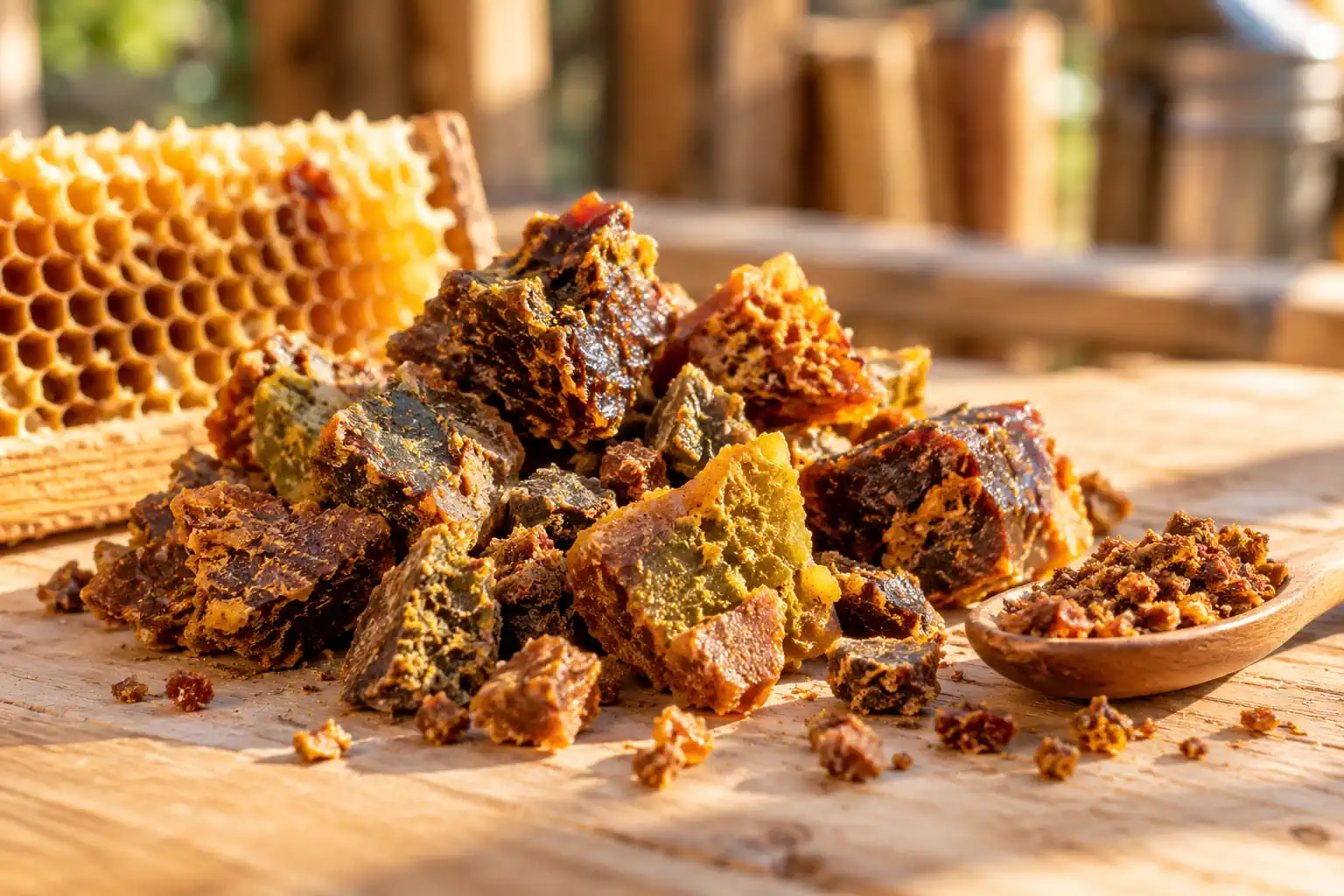 Propolis beneficii: propolis brut Propolis beneficii: bulgări de propolis brut pe o masă de lemn, lângă un fagure